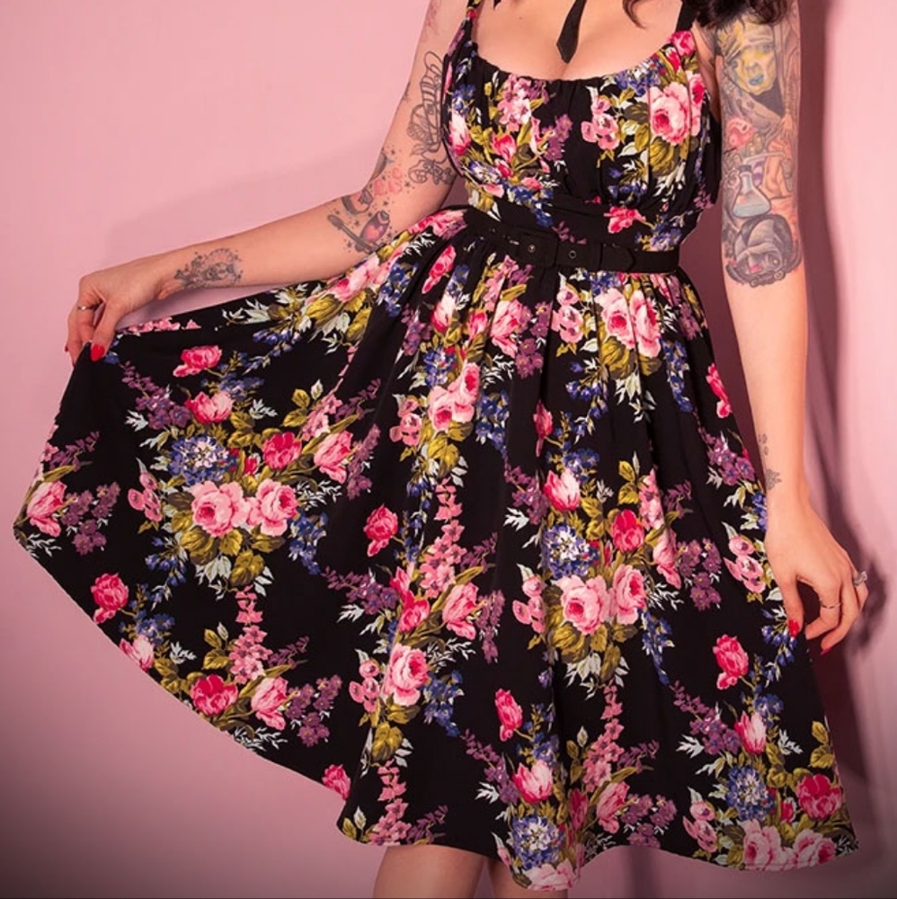 Black Floral Ingenue Swing Dress